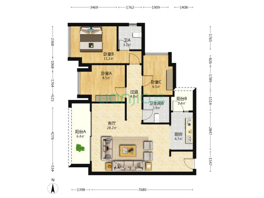 元时代 3室1厅2卫 99平方