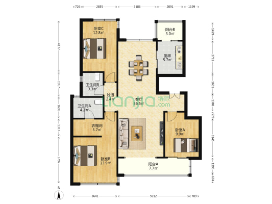 德商光华天骄城 3室1厅2卫 121平方
