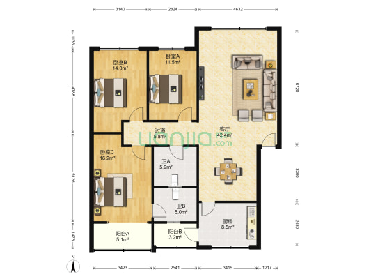 旌阳区委机关宿舍 3室1厅2卫 137平方