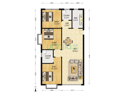 开元盛世硕园B区 3室1厅2卫 124平方