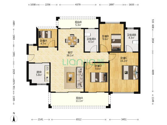 隆生仲恺花园 4室1厅2卫 128平方