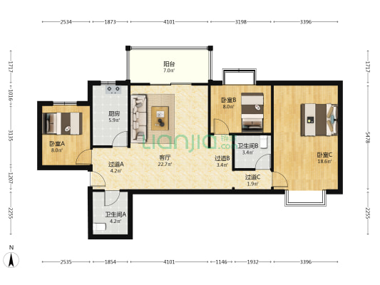 怡源小区 3室1厅2卫 120平方