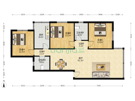 西晟大厦 3室1厅2卫 130平方