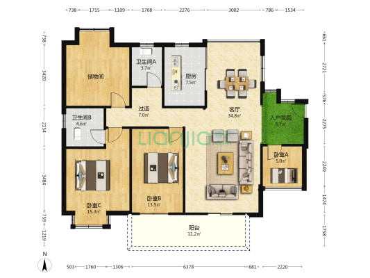 山语豪庭 3室1厅2卫 140平方