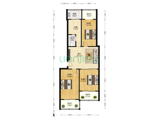 庆云北街2号 3室1厅1卫 93平方