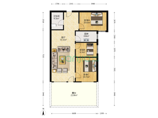 鸿坤理想湾南区 3室1厅 南-户型图