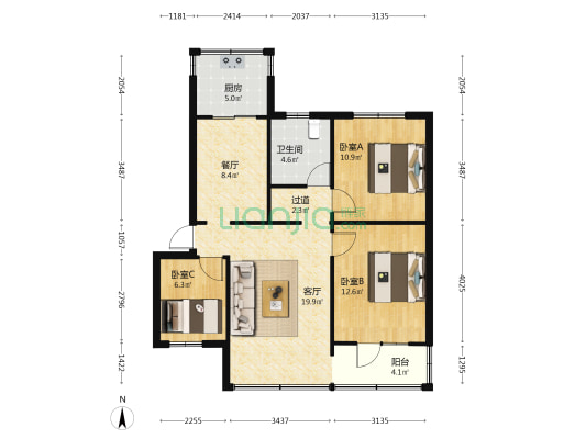 云南粮食经贸公司宿舍 3室2厅1卫 78平方