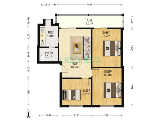 陕西路125号 3室1厅1卫 81平方