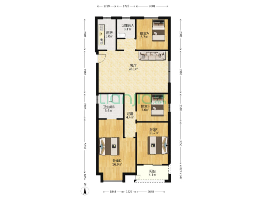 新希望玉锦麟西区 4室1厅2卫 127平方