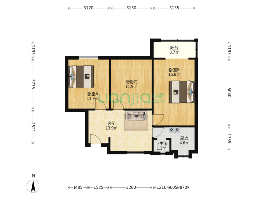 泡桐树街7号 2室1厅1卫 66平方