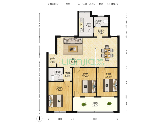 望城县人民医院宿舍 3室1厅2卫 117平方