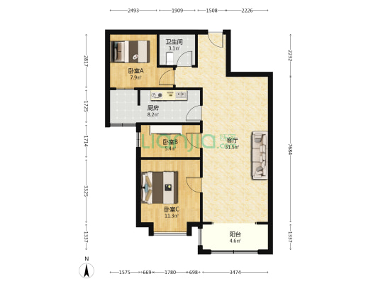 华融朝南小三居，带装修，满二年-户型图
