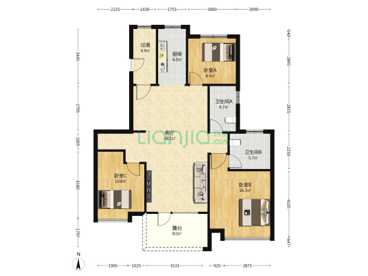 恒大中央广场六期 3室1厅2卫 133平方