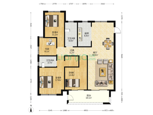 朝阳荟生活广场 4室1厅2卫 142平方