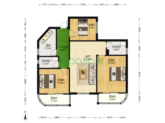 中房青年公寓 3室1厅2卫 113平方
