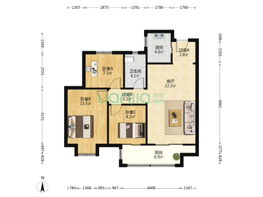 禹洲朗廷府 3室1厅1卫 104平方