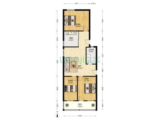 兆嘉园 3室1厅1卫 105平方