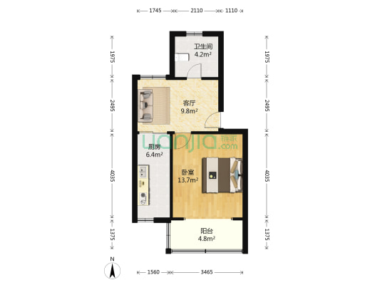 莲中西区 1室1厅1卫 48平方