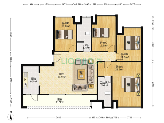 芷岸小区 4室1厅2卫 137平方