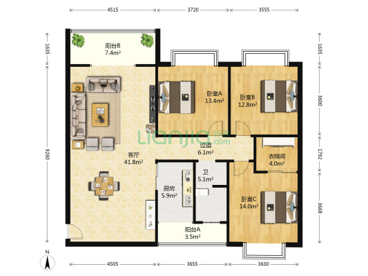 i尚国际 3室1厅1卫 136平方
