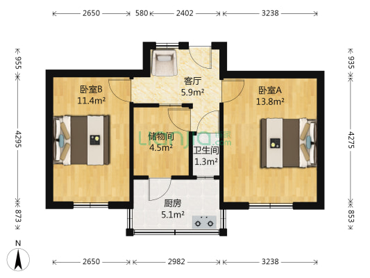 北合街68号 2室1厅1卫 50平方