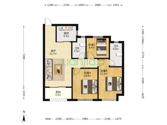 国贸凤凰原1期 3室1厅2卫 89平方