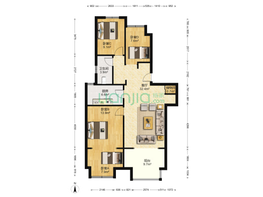 魅力万科城二区 4室1厅1卫 83平方