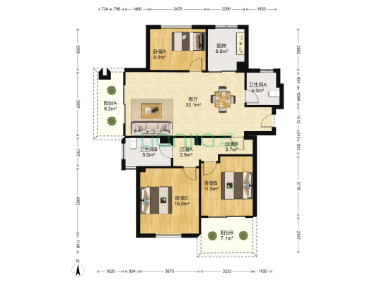 康恒悦麒美寓 3室1厅2卫 142平方