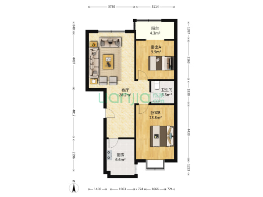天保绿城 2室1厅 南 北-户型图
