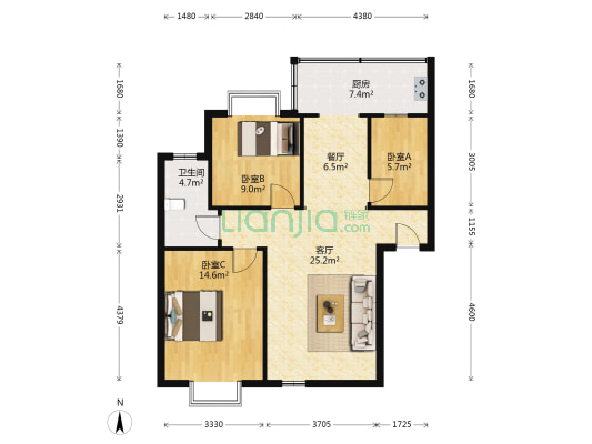 太铁白龙苑 3室2厅1卫 102平方