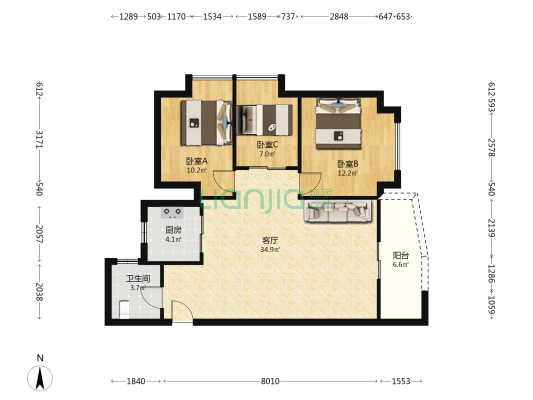 金冠園 3室1厅1卫 94平方