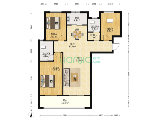 建业花园里金桂苑 2室2厅2卫 128平方