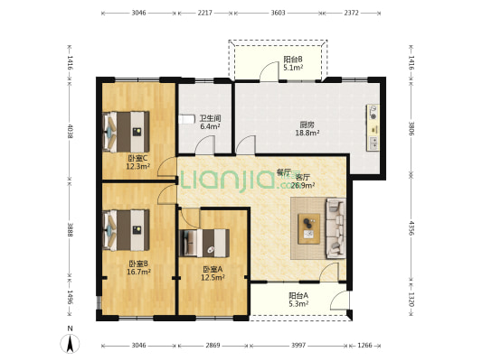 中心住宅小区 3室1厅1卫 111平方