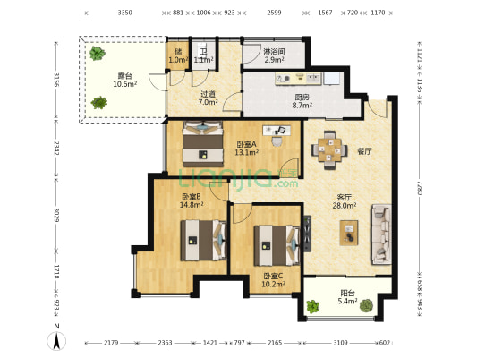 金域廊院 3室1厅2卫 88平方
