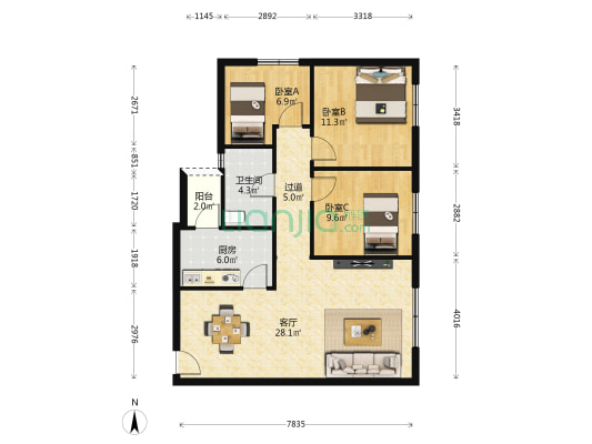 大石家园 3室1厅1卫 90平方