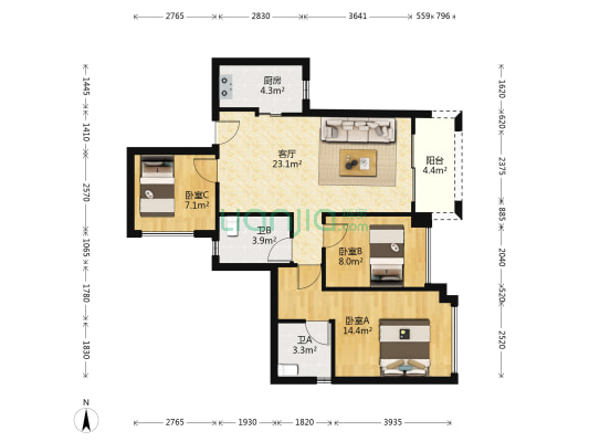 雅居乐海珠小雅 3室1厅2卫 88平方