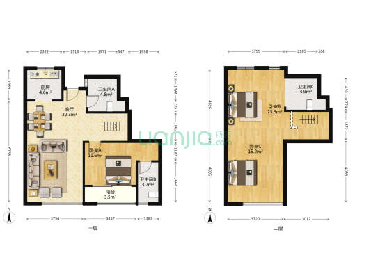 山水国际 3室1厅3卫 84平方