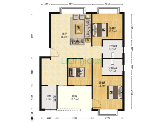 河畔雅居 3室1厅2卫 129平方