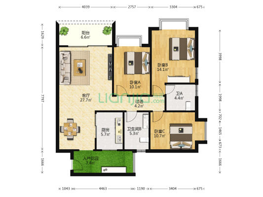 淘金大厦 3室1厅2卫 117平方