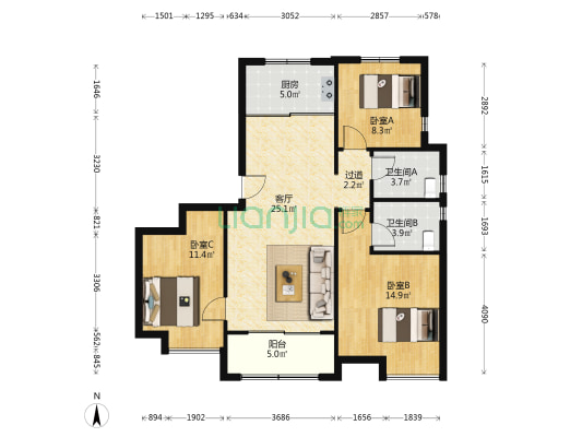 融创北岸壹號 3室1厅2卫 119平方