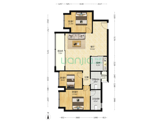 万科璞园璞珺 3室1厅2卫 99平方