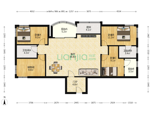 明珠东区 3室1厅2卫 105平方