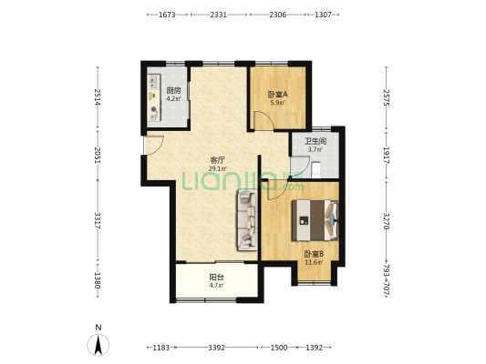 通联家园 2室1厅1卫 88平方