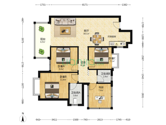 宋都江宸合悦 4室1厅2卫 106平方