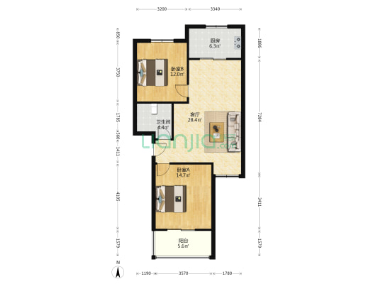 龙福嘉苑 2室1厅1卫 89平方