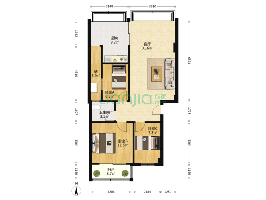 奔马馨园 3室1厅1卫 75平方