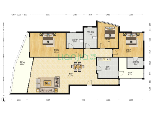 漓江华府 3室1厅3卫 198平方