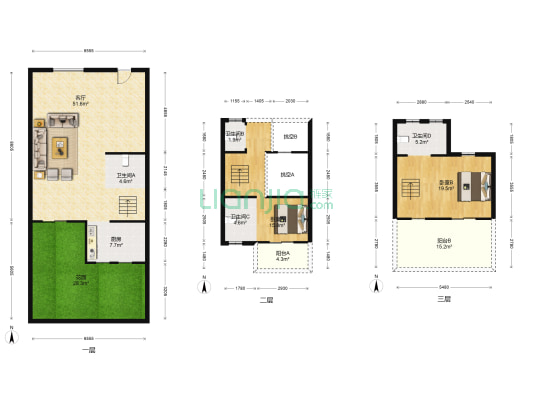 缤虹星城联排区 2室1厅4卫 172平方