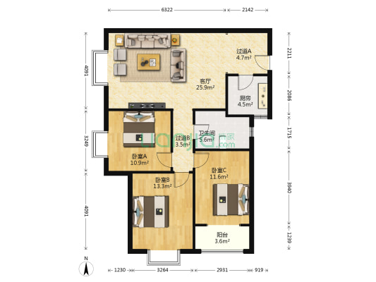 华龙苑 3室1厅1卫 122平方