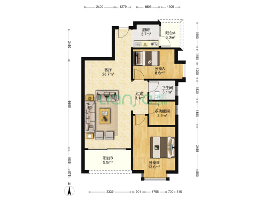丽景名门 3室1厅1卫 88平方